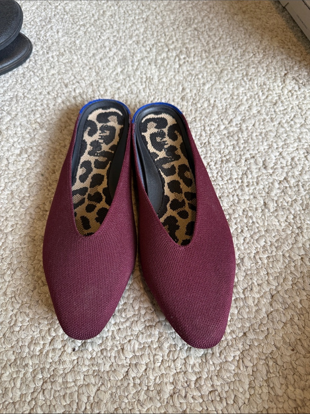 Rothy's Wine-Red Pointed Knit Slip-On Mules with Leopard Insole